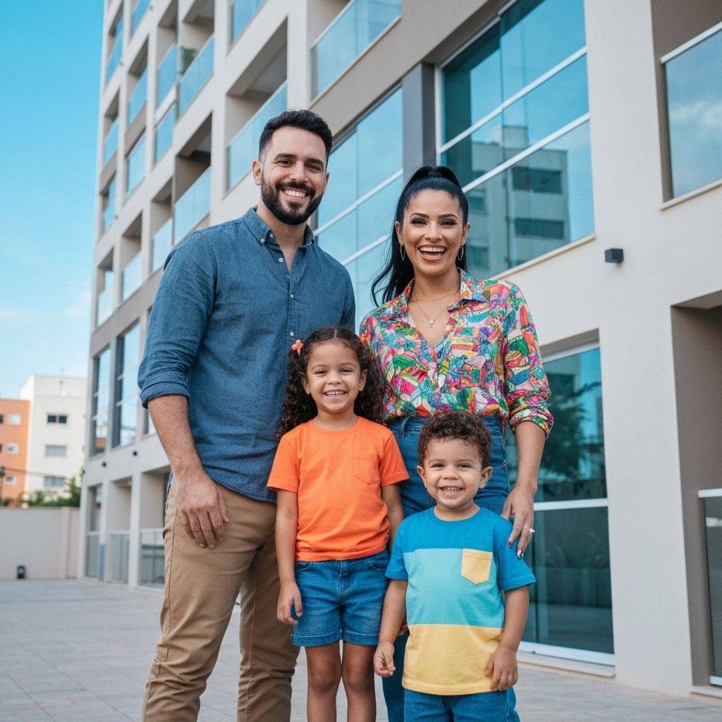 Família feliz em frente ao novo lar